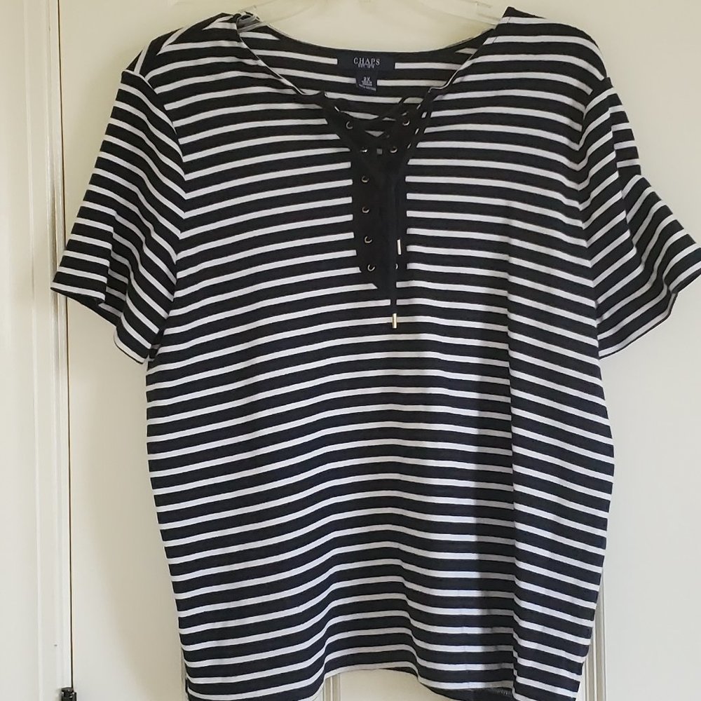 Navy Blue  & White Striped Short Sleeved Chaps Top